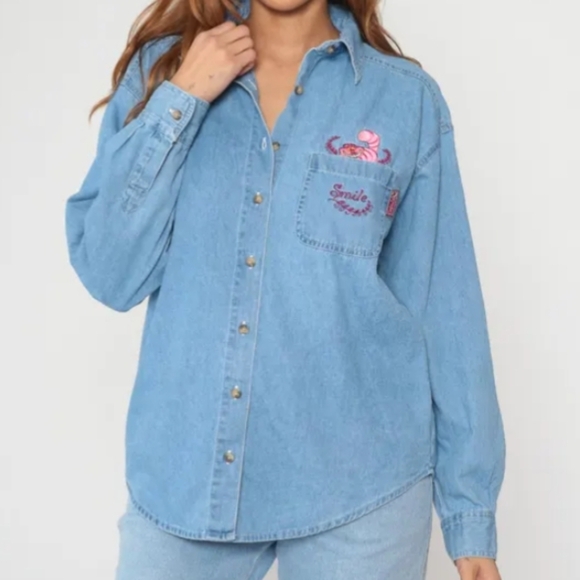 Disney Tops - Cheshire Cat Denim Shirt 90s Disney Classics Alice in Wonderland Sz L